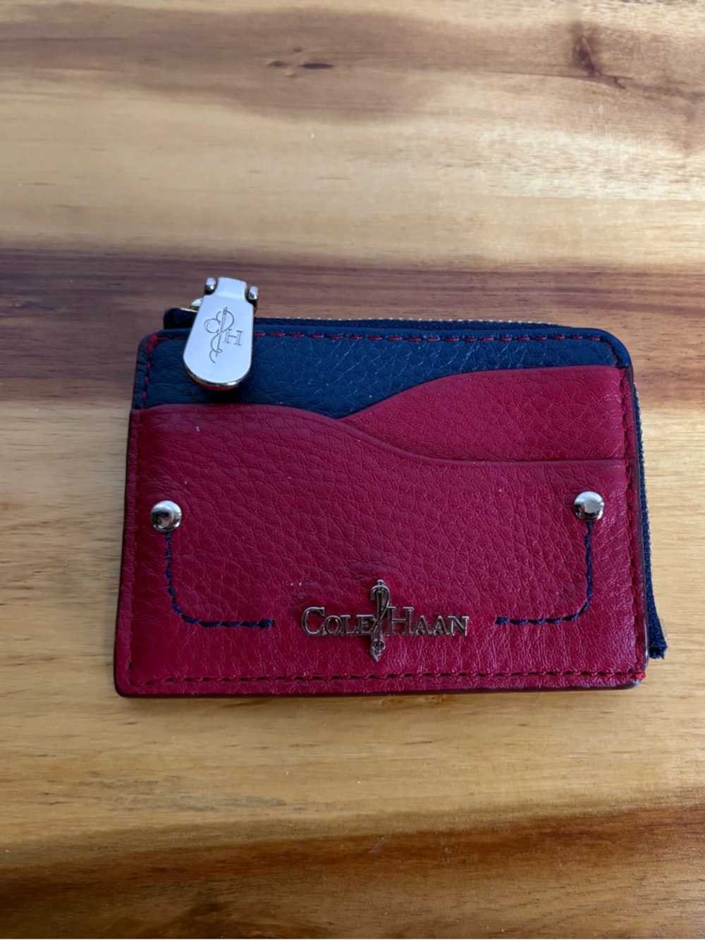 Cole Haan Red and Navy Leather Zip Card Holder